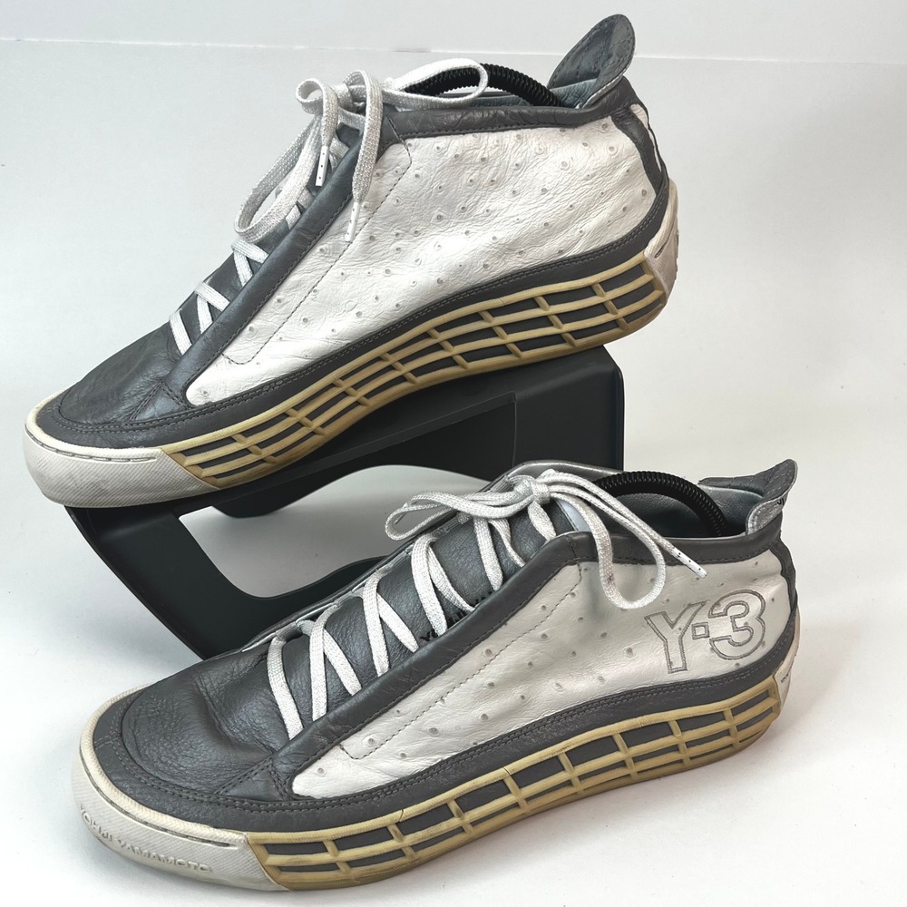 Y-3 Yohji Yamamoto Adidas Mid Top Sneakers Mens Size 10 White Grey Ostrich Style